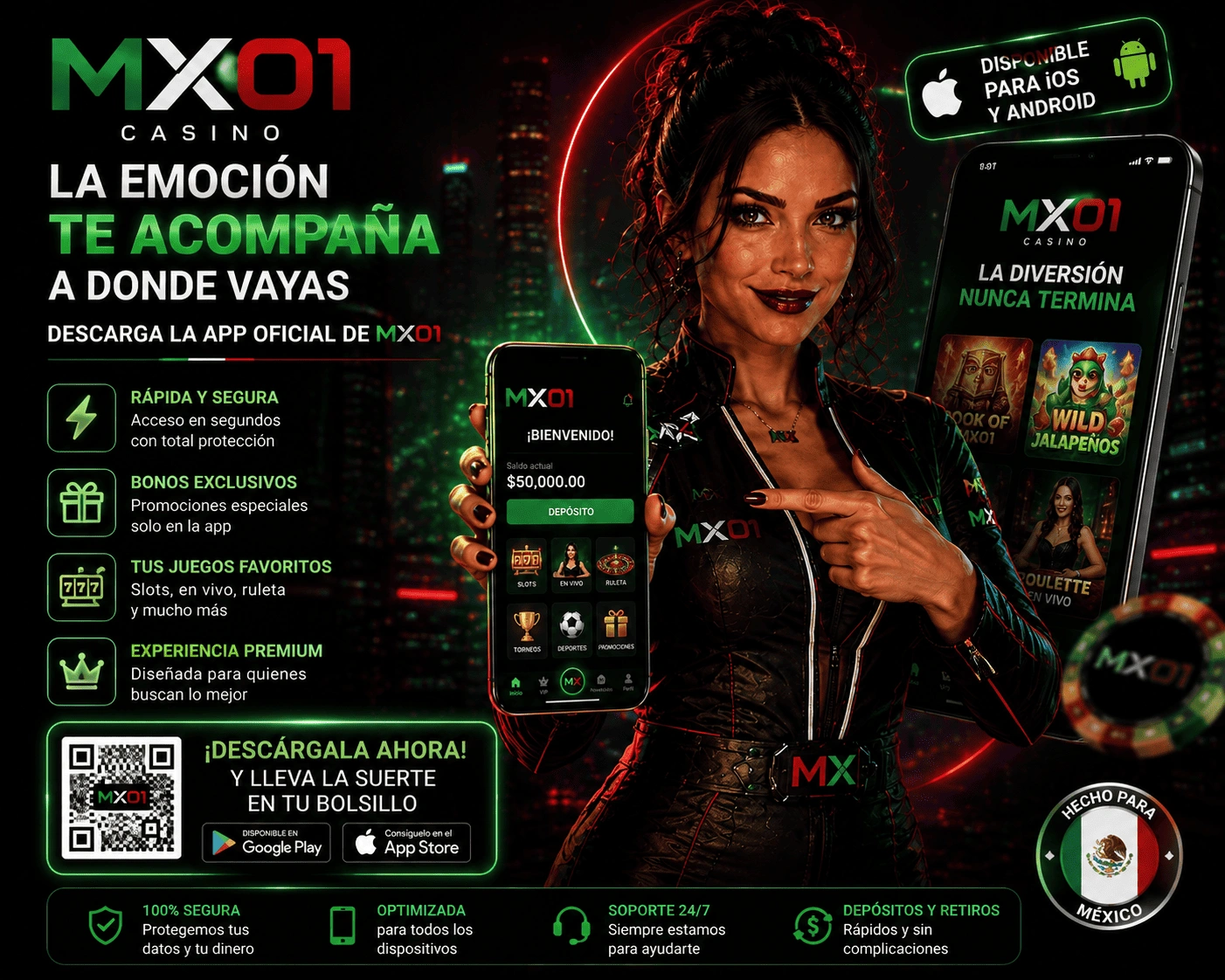 MX01 App visual with smartphone, Android APK, mobile casino and fast access for Mexico