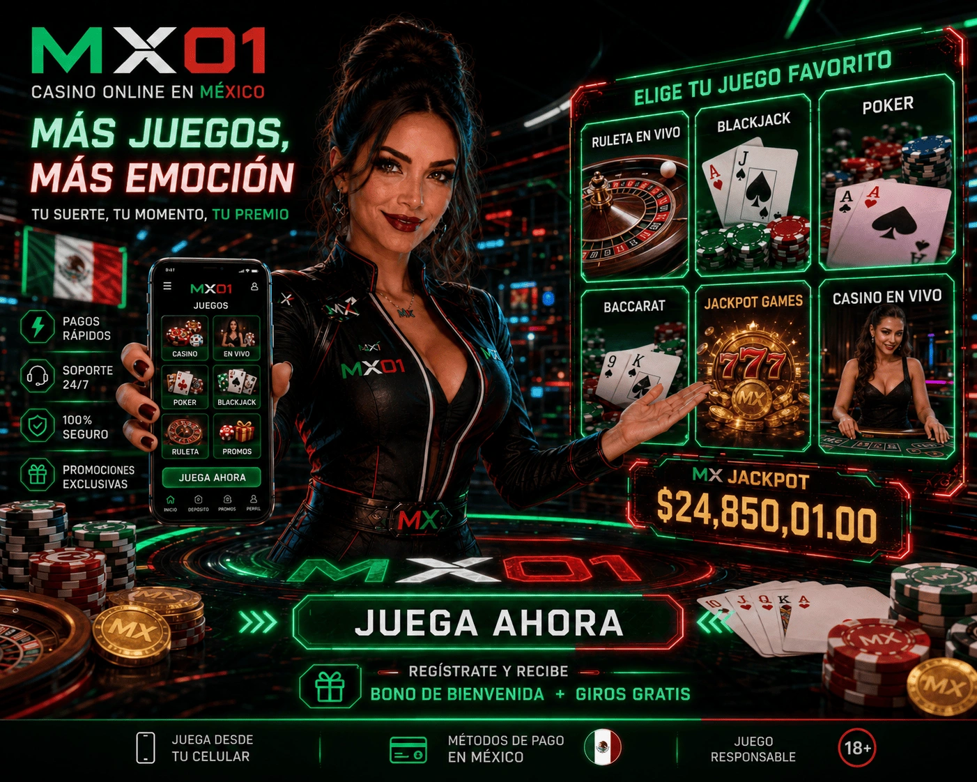 MX01 Bonuses visual with rewards, chips, promos and mobile access for Mexico