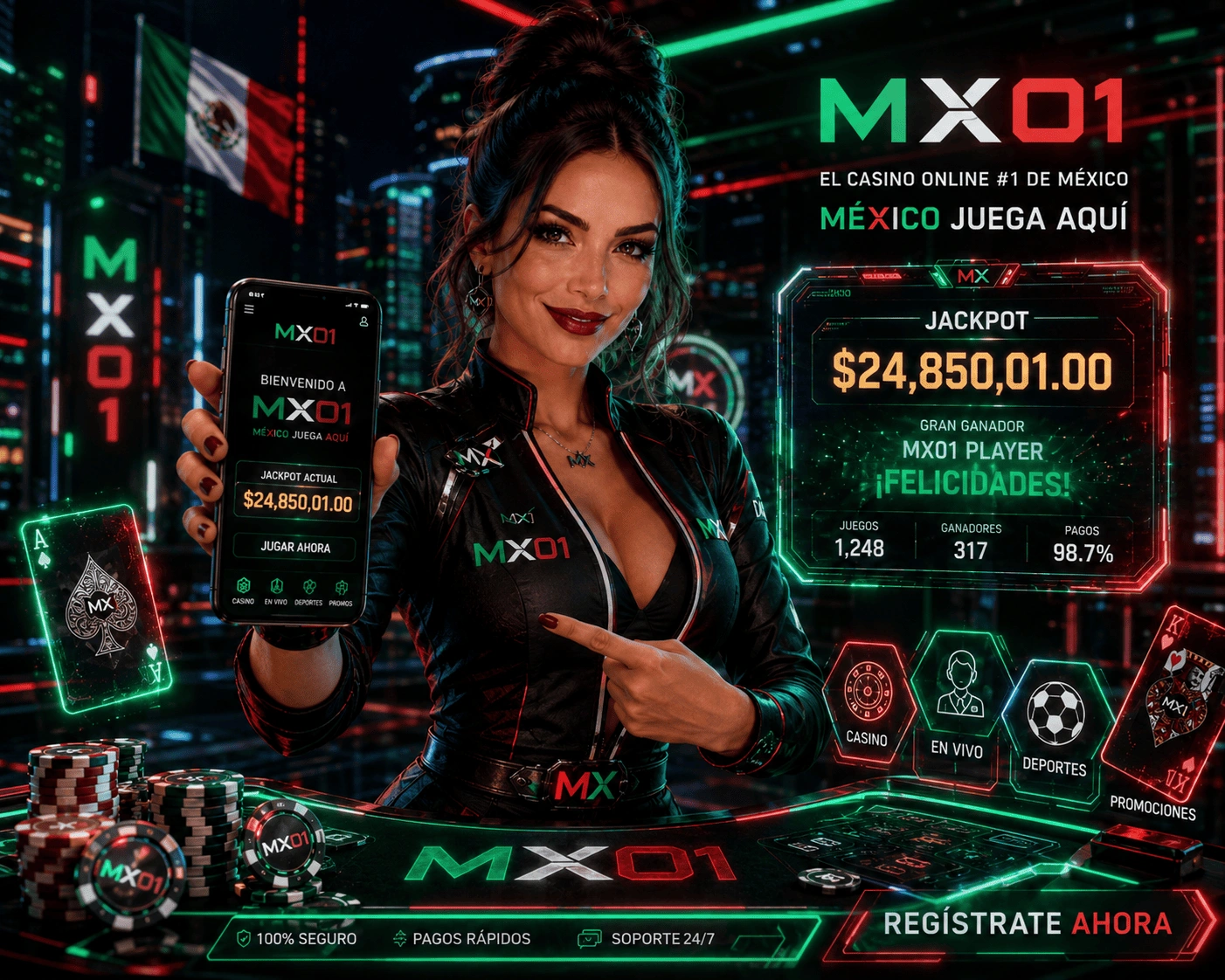 Visual de MX01 Casino con lobby online, mesas, fichas y estilo premium para México