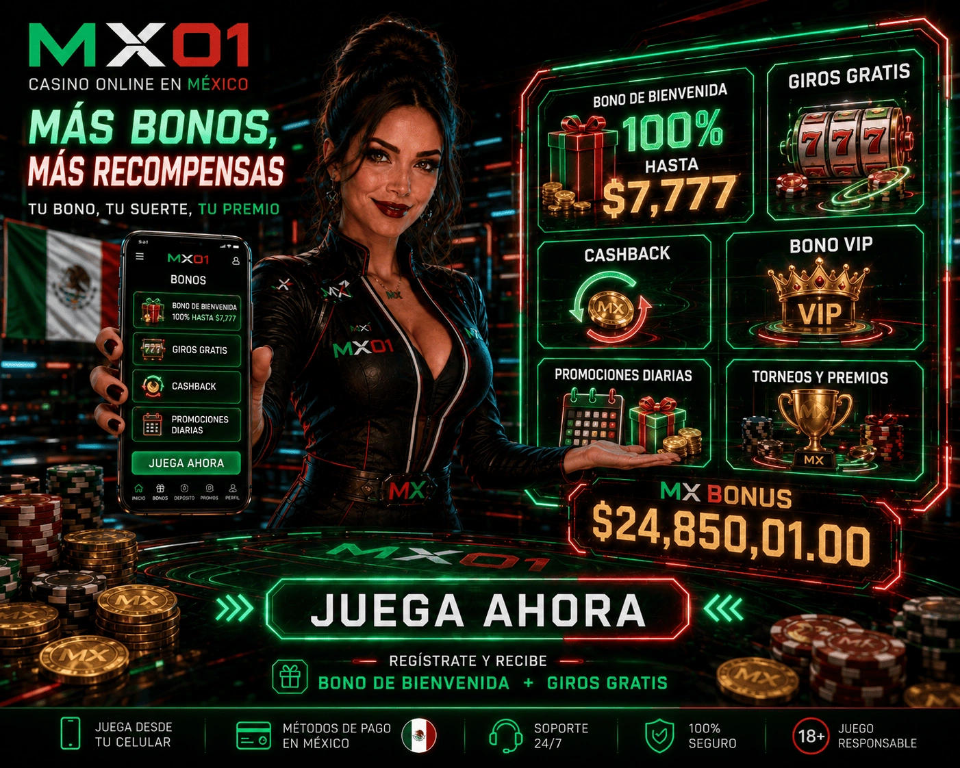 Visual de MX01 Games con juegos online, premios, casino y navegación móvil para México
