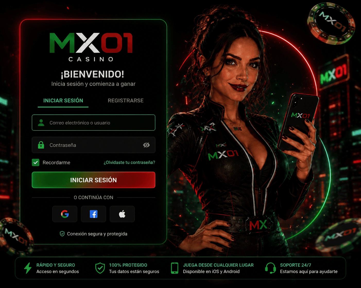 Visual de MX01 Login con cuenta, acceso móvil, seguridad y regreso rápido para México