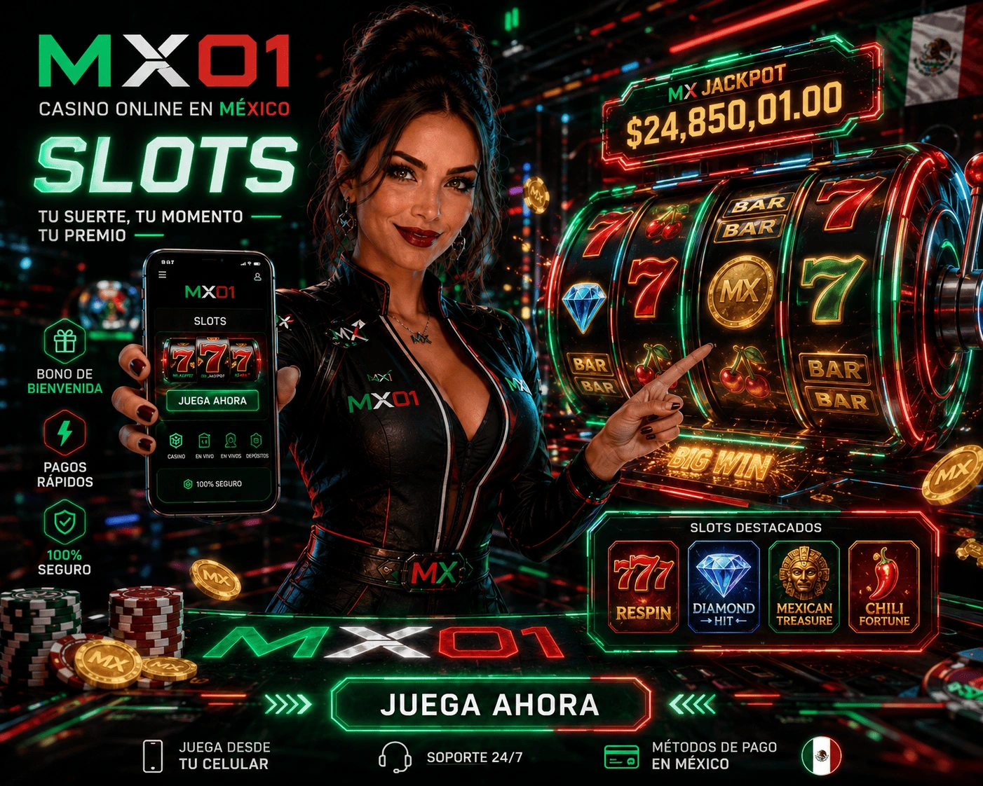 MX01 Slots visual with reels, rewards, fast spins and a mobile-first Mexico angle